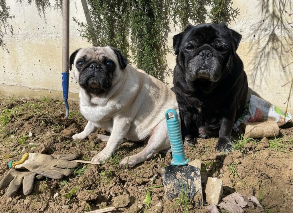 Two pugs in the garden